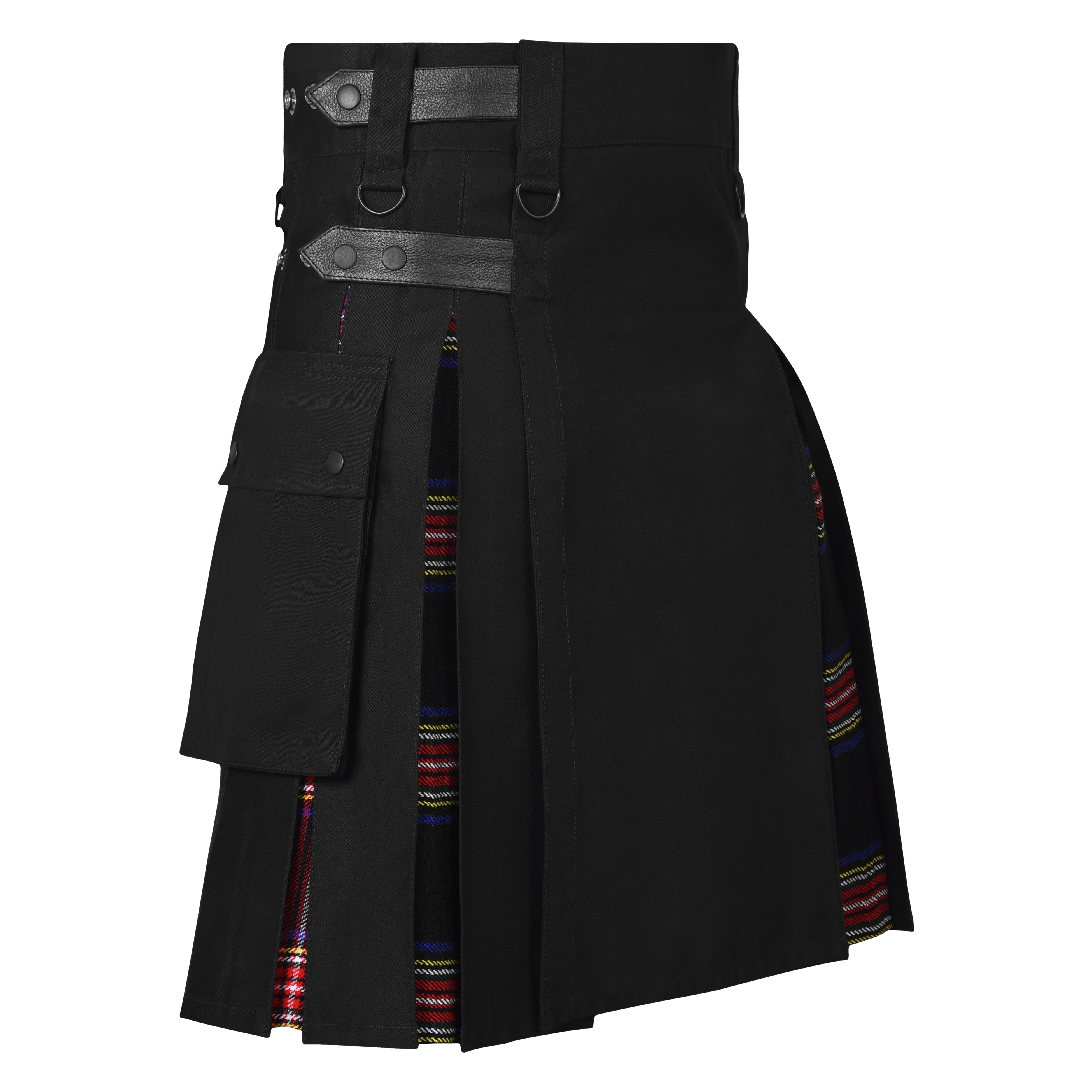 Men's Black Stewart Tartan Hybrid Kilt with Cargo Pockets, Utility Kilt
