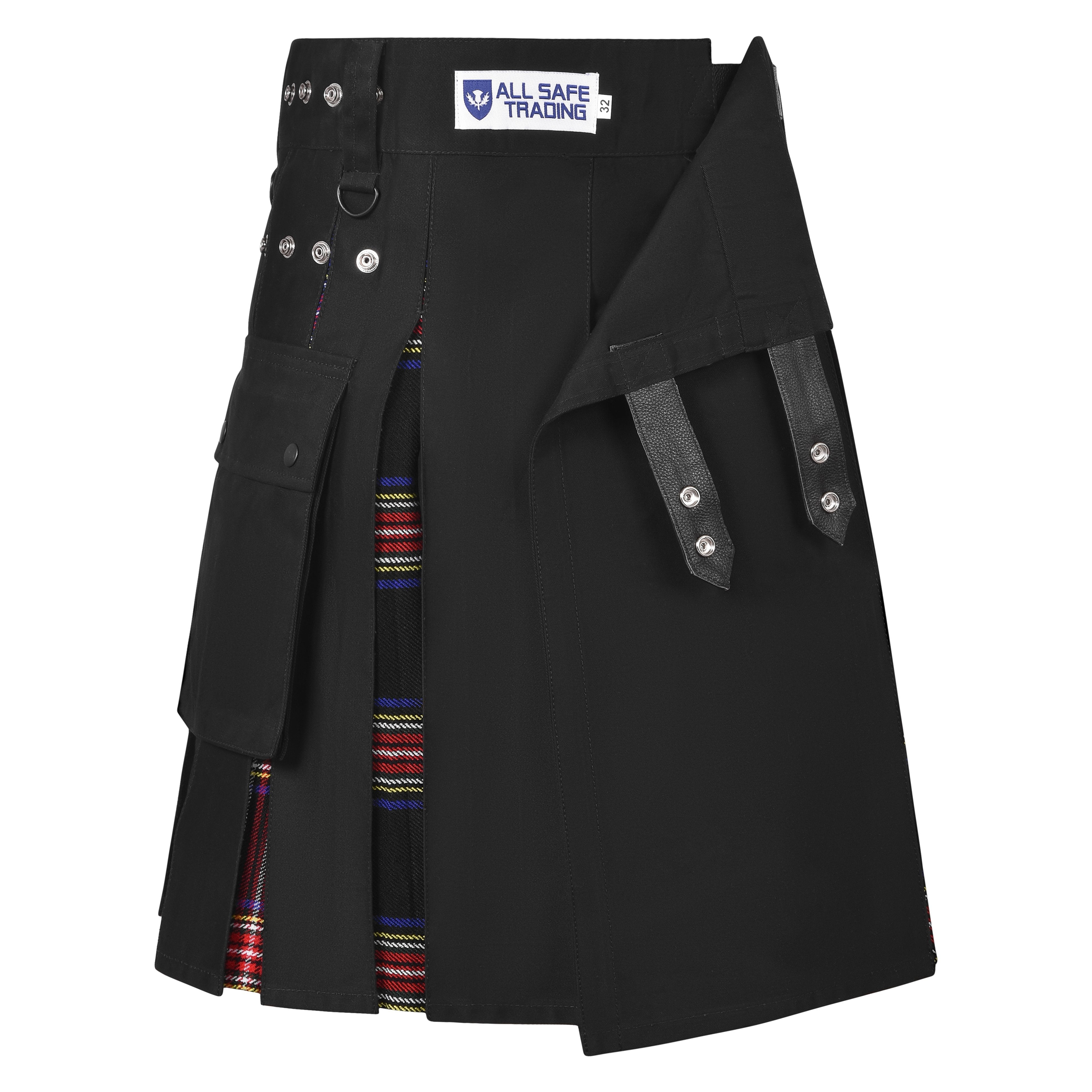 Men's Black Stewart Tartan Hybrid Kilt with Cargo Pockets, Utility Kilt