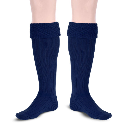 Scottish Bubbles Kilt Hose for Men, Ribbed Socks for USA Shoe Sizes - Navy Blue