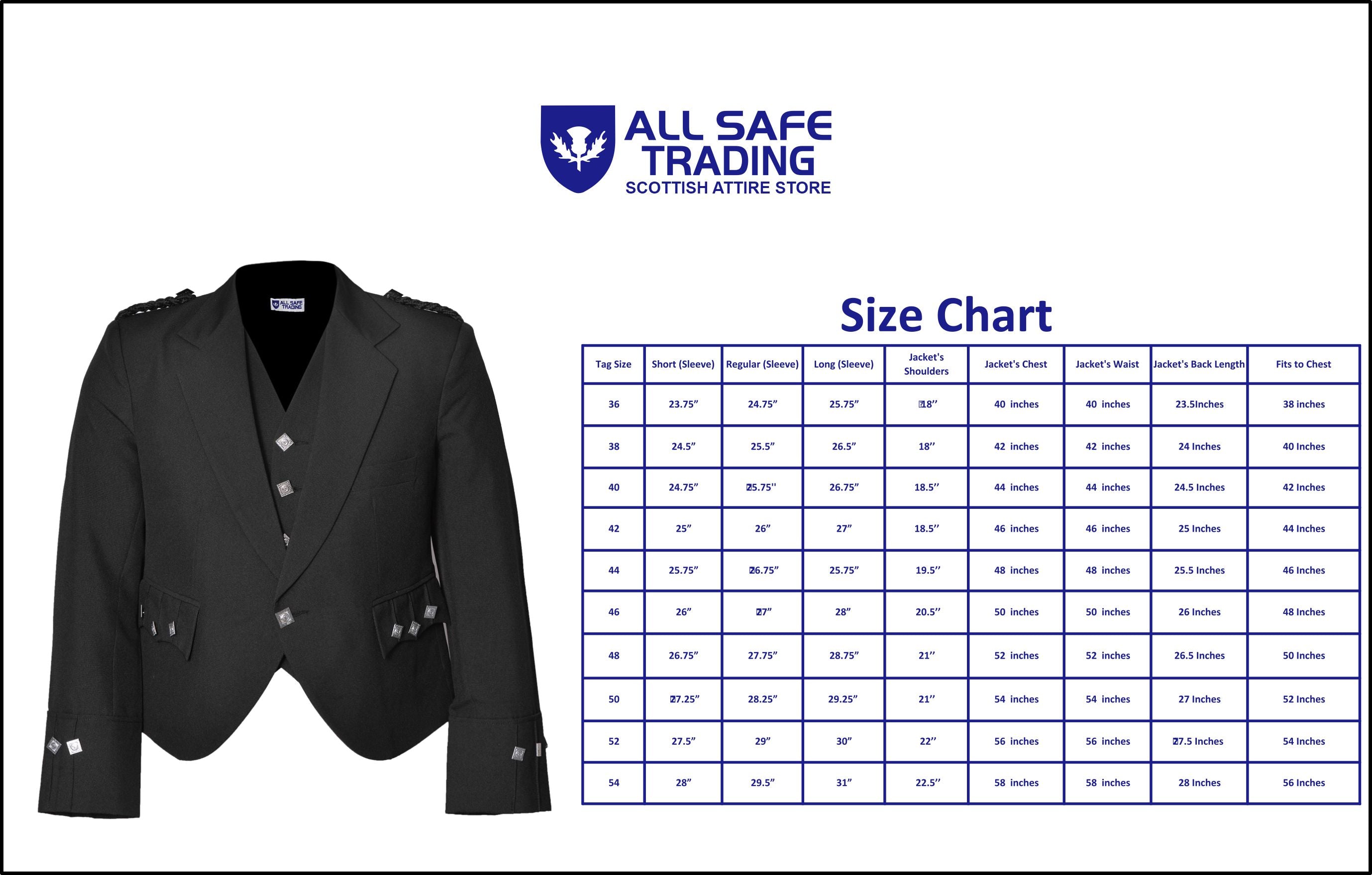 Scottish Blue Argyle Kilt Jacket With Waistcoat/Vest - Sizes 36"- 54"