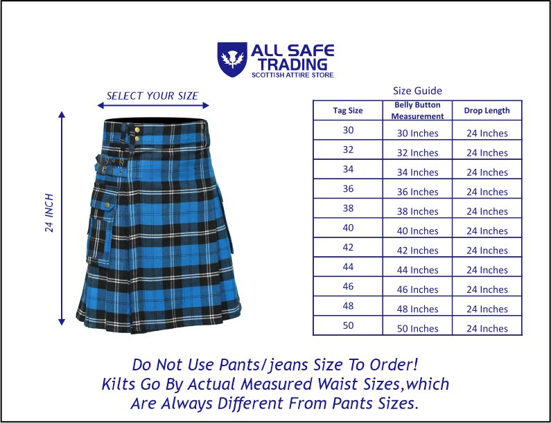 Scottish Men's Modern Blue Ramsay 16oz Tartan Pockets Utility Kilt, Cargo Kilt