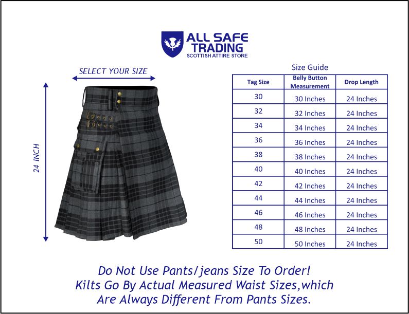Scottish Men's Modern Grey Watch 16oz Tartan Pockets Utility Kilt, Cargo Kilt