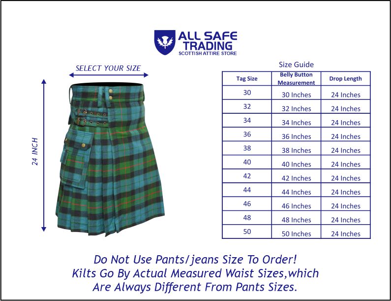Scottish Men's Modern Gunn Ancient 16oz Tartan Pockets Utility Kilt, Cargo Kilt
