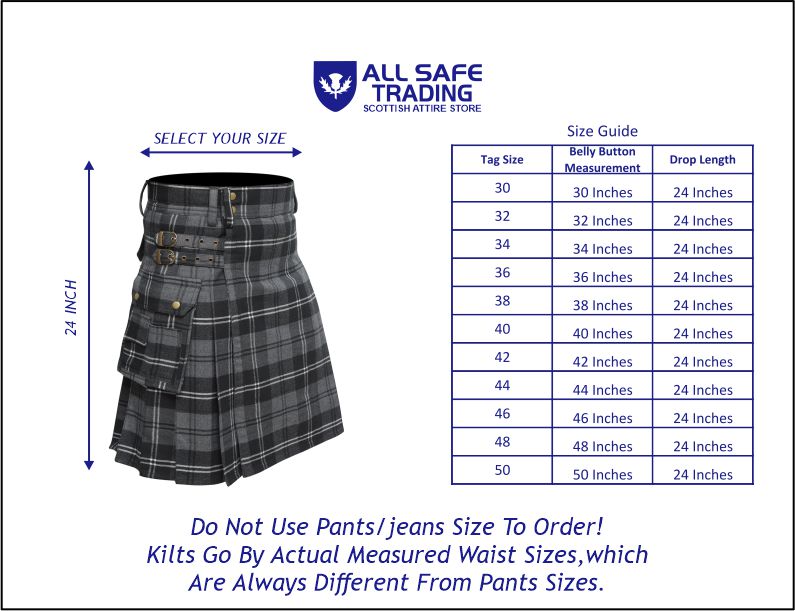 Scottish Men's Modern Granite 16oz Tartan Pockets Utility Kilt, Cargo Kilt