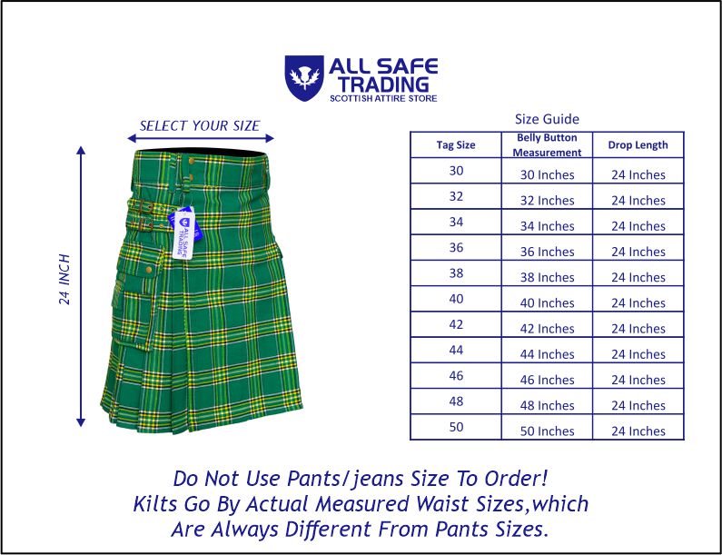 Scottish Men's Modern Irish Heritage 16oz Tartan Pockets Utility Kilt, Cargo Kilt