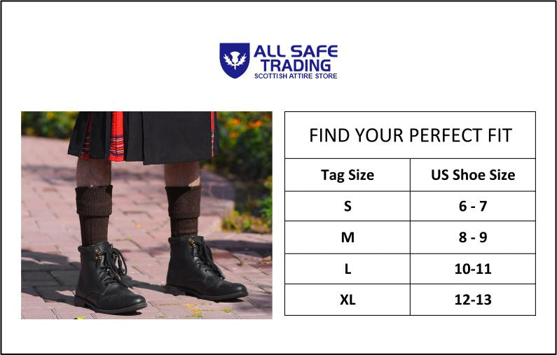 Scottish Square Kilt Hose for Men, Ribbed Socks for USA Shoe Sizes - Black