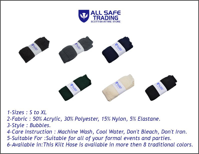 Scottish Bubbles Kilt Hose for Men, Ribbed Socks for USA Shoe Sizes - Navy Blue