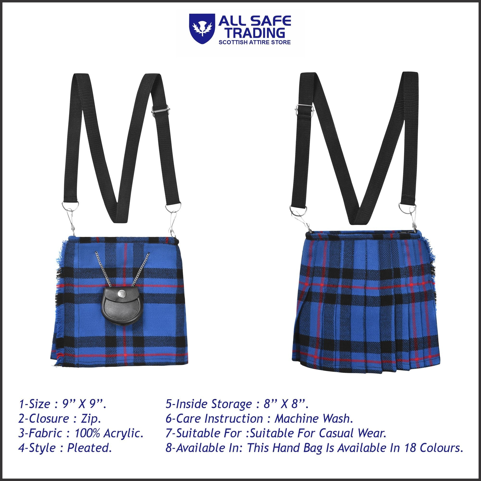 Traditional Scottish Women Tartan Bag Pleated Crossbody Purse - Adjustable Straps, Zip Closure Elliot Modern Tartan