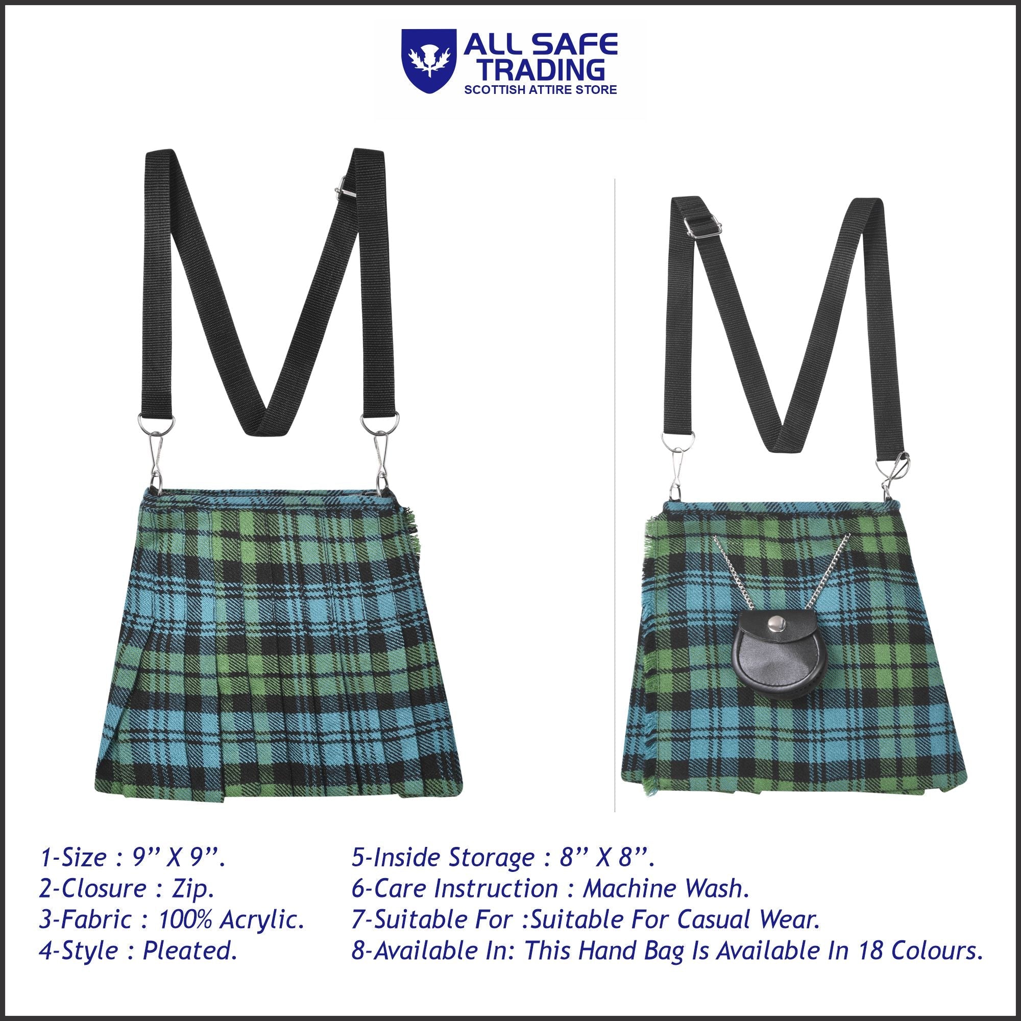 Traditional Scottish Women Tartan Bag Pleated Crossbody Purse - Adjustable Straps, Zip Closure Campbell Ancient Tartan