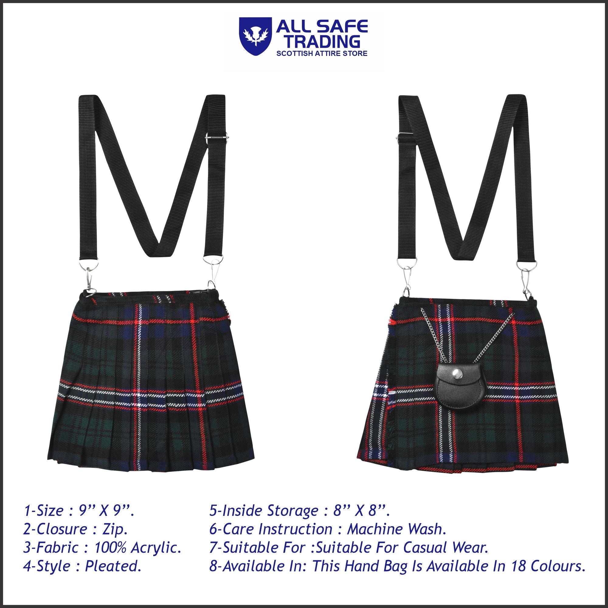 Traditional Scottish Women Tartan Bag Pleated Crossbody Purse - Adjustable Straps, Zip Closure Scottish National Tartan