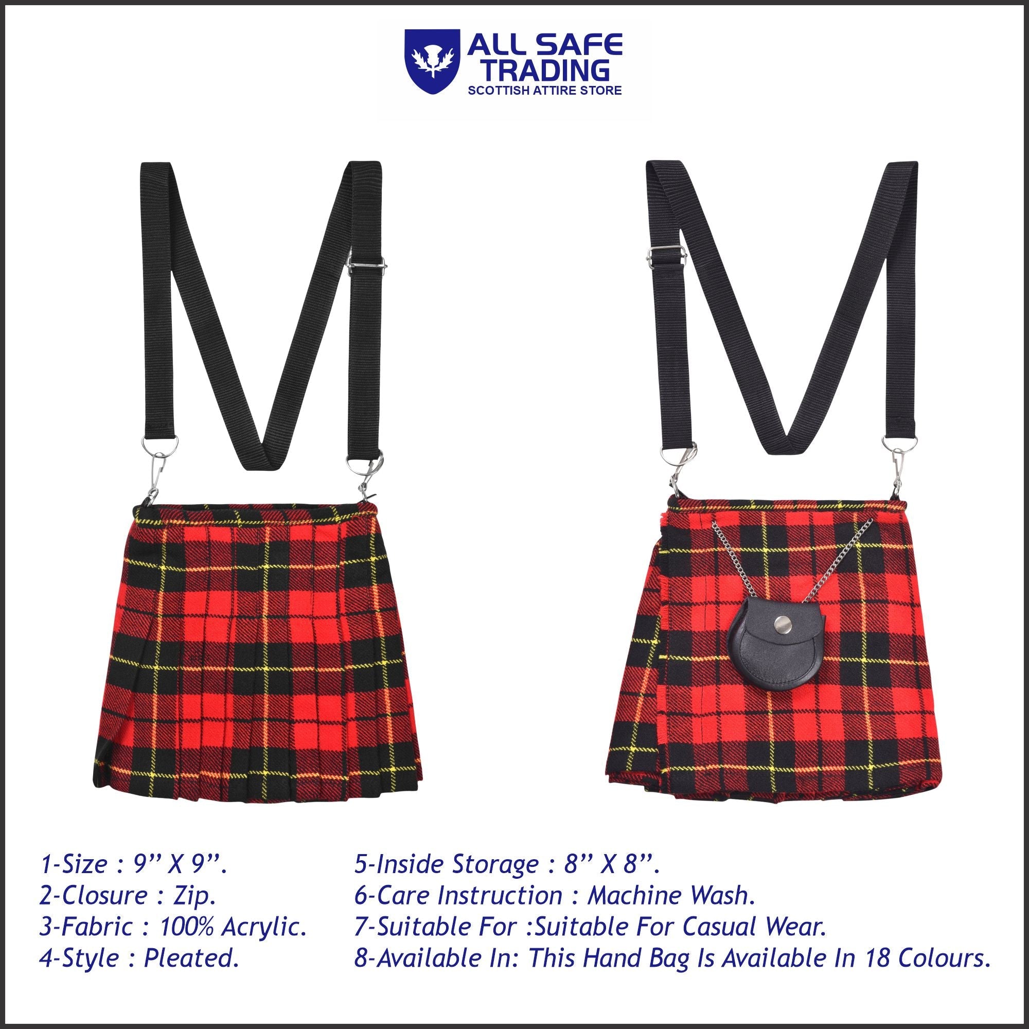 Traditional Scottish Women Tartan Bag Pleated Crossbody Purse - Adjustable Straps, Zip Closure Wallace Tartan