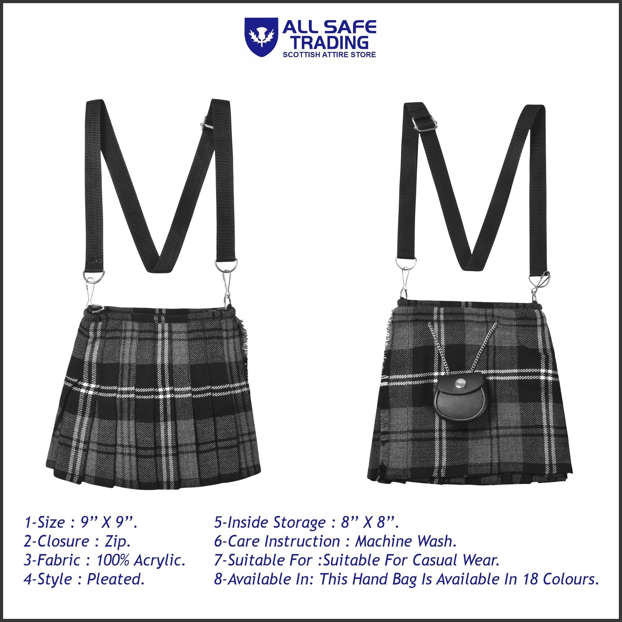 Traditional Scottish Women Tartan Bag Pleated Crossbody Purse - Adjustable Straps, Zip Closure Granite Tartan