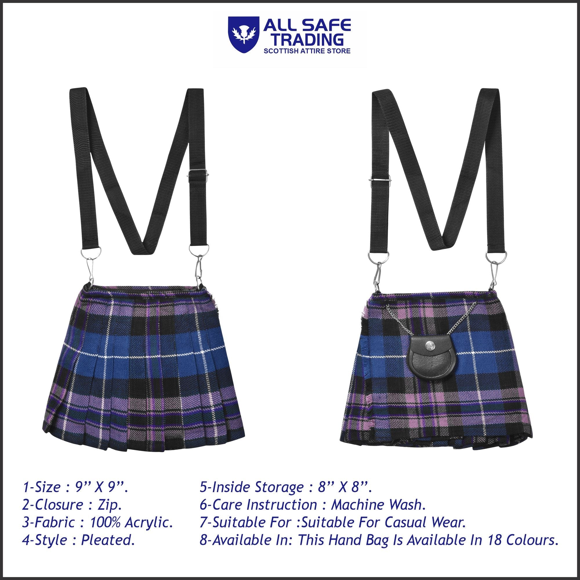Traditional Scottish Women Tartan Bag Pleated Crossbody Purse - Adjustable Straps, Zip Closure Pride of Scotland Tartan