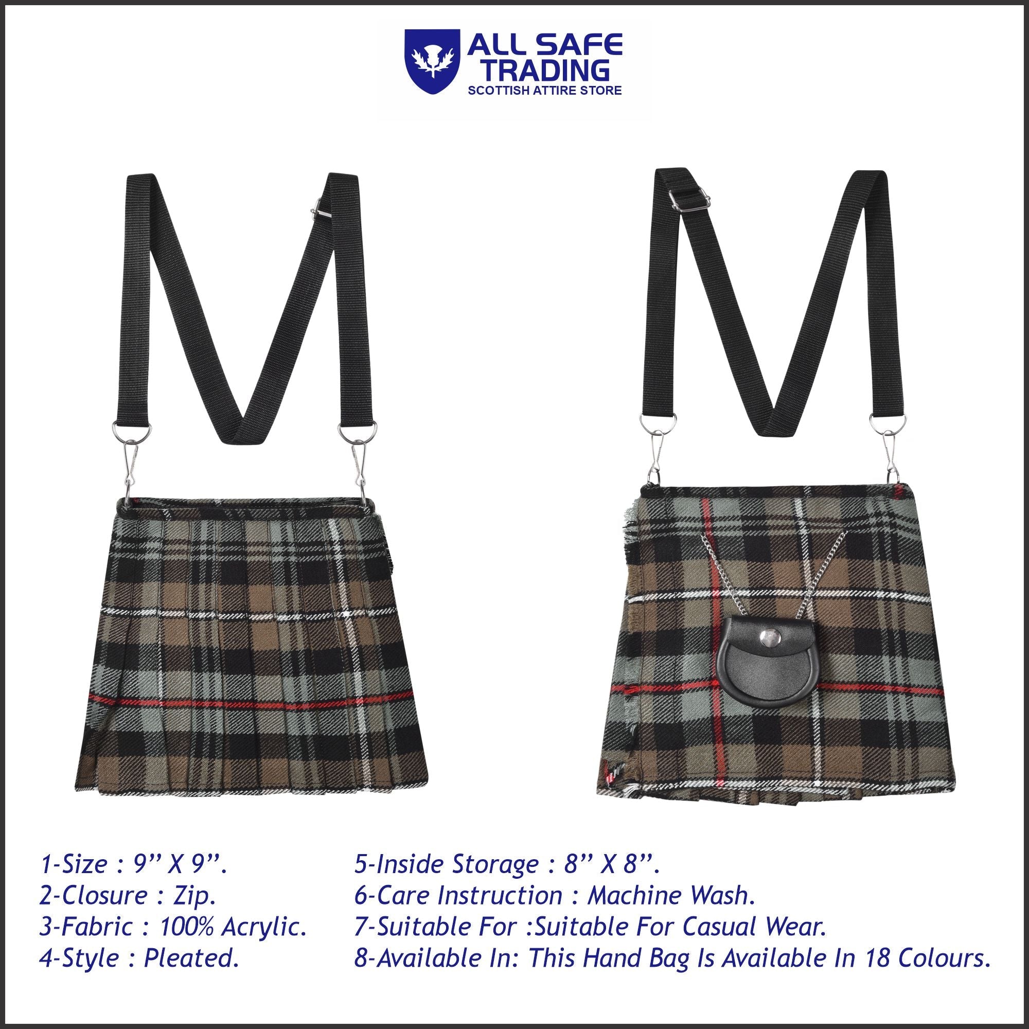Traditional Scottish Women Tartan Bag Pleated Crossbody Purse - Adjustable Straps, Zip Closure Mackenzie Weathered Tartan