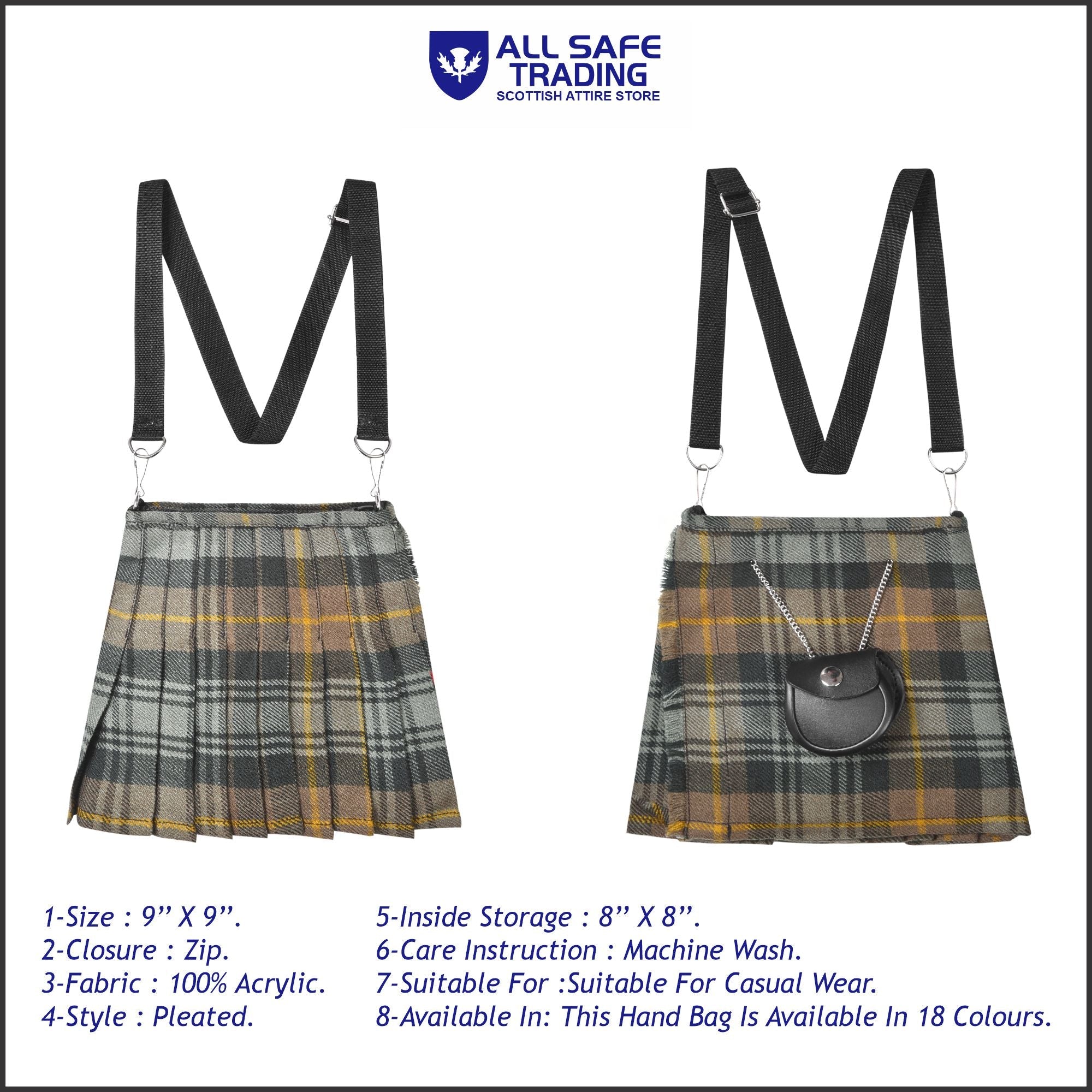 Traditional Scottish Women Tartan Bag Pleated Crossbody Purse - Adjustable Straps, Zip Closure Gordon Weathered Tartan