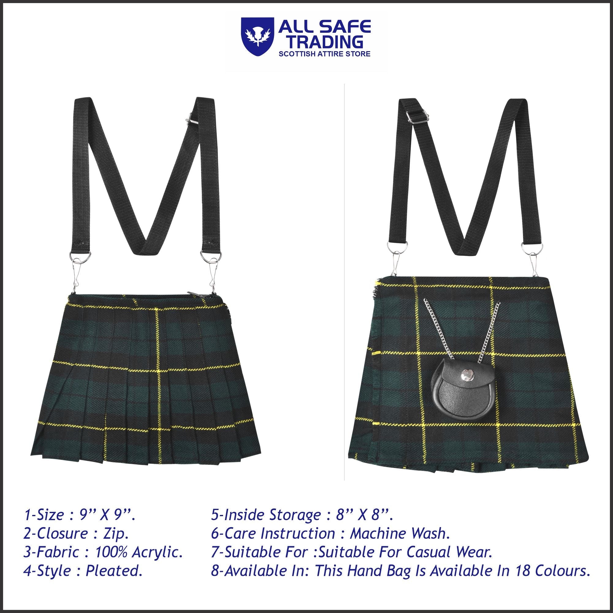 Traditional Scottish Women Tartan Bag Pleated Crossbody Purse - Adjustable Straps, Zip Closure Wallace Hunting Tartan