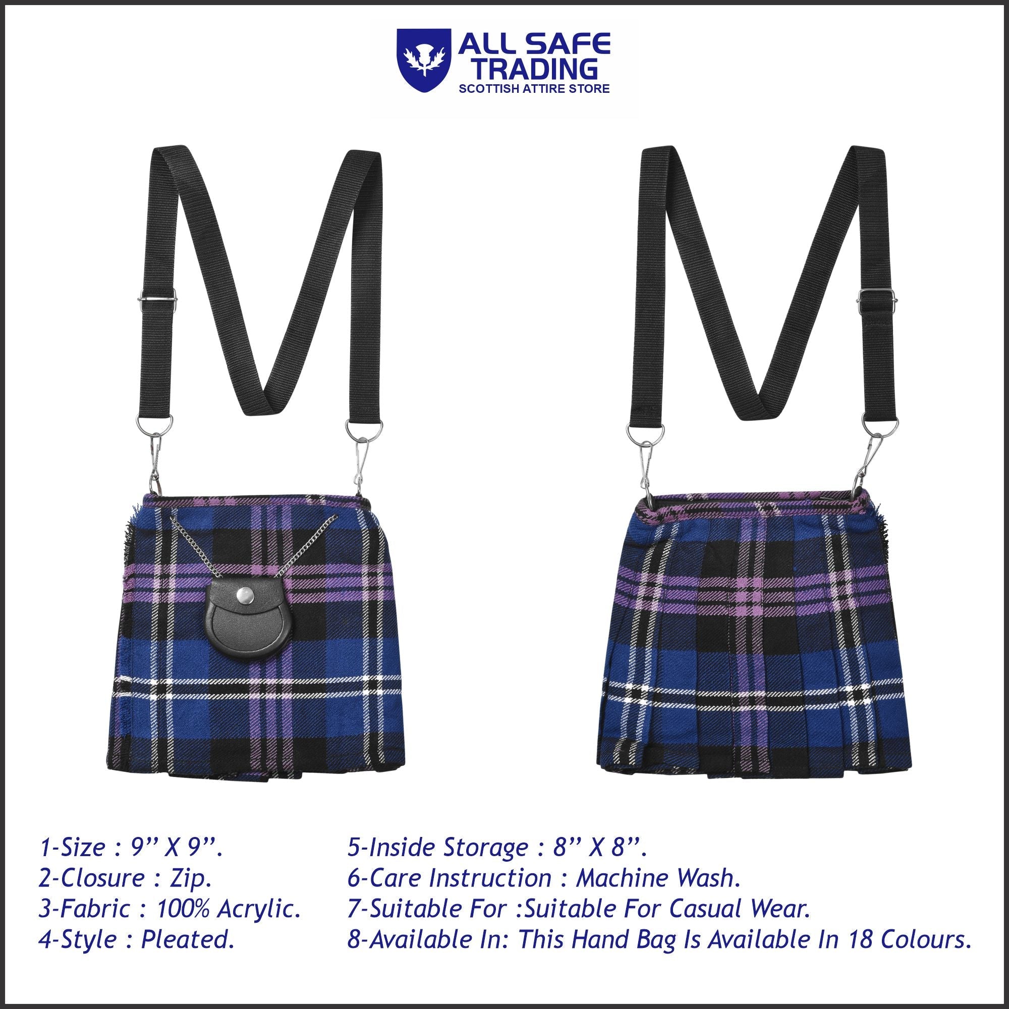 Traditional Scottish Women Tartan Bag Pleated Crossbody Purse - Adjustable Straps, Zip Closure Scottish Heritage Tartan