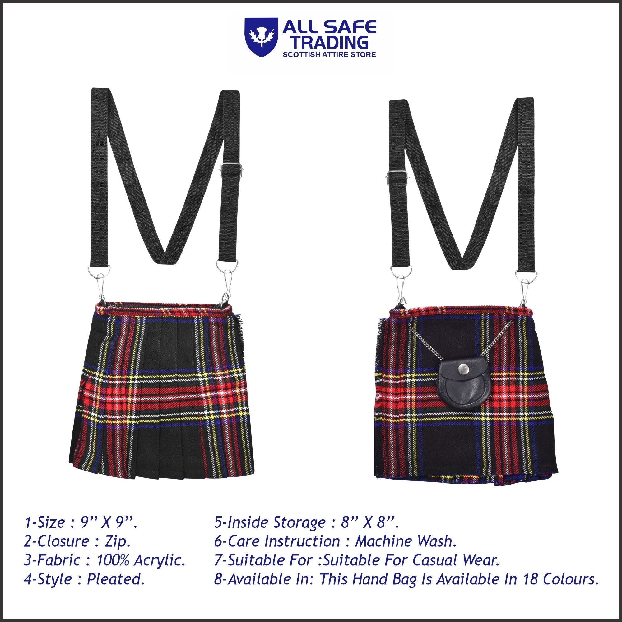 Traditional Scottish Women Tartan Bag Pleated Crossbody Purse - Adjustable Straps, Zip Closure Black Stewart Tartan