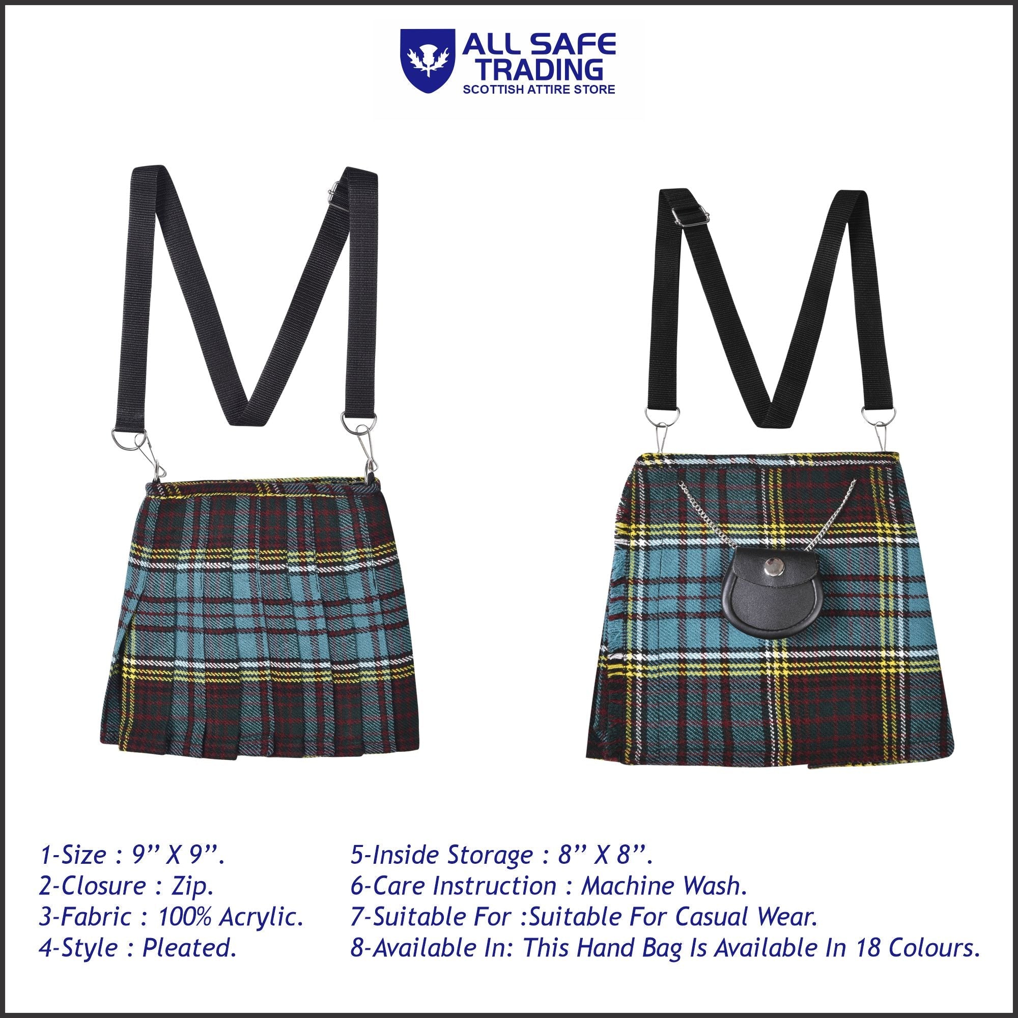 Traditional Scottish Women Tartan Bag Pleated Crossbody Purse - Adjustable Straps, Zip Closure Anderson Tartan