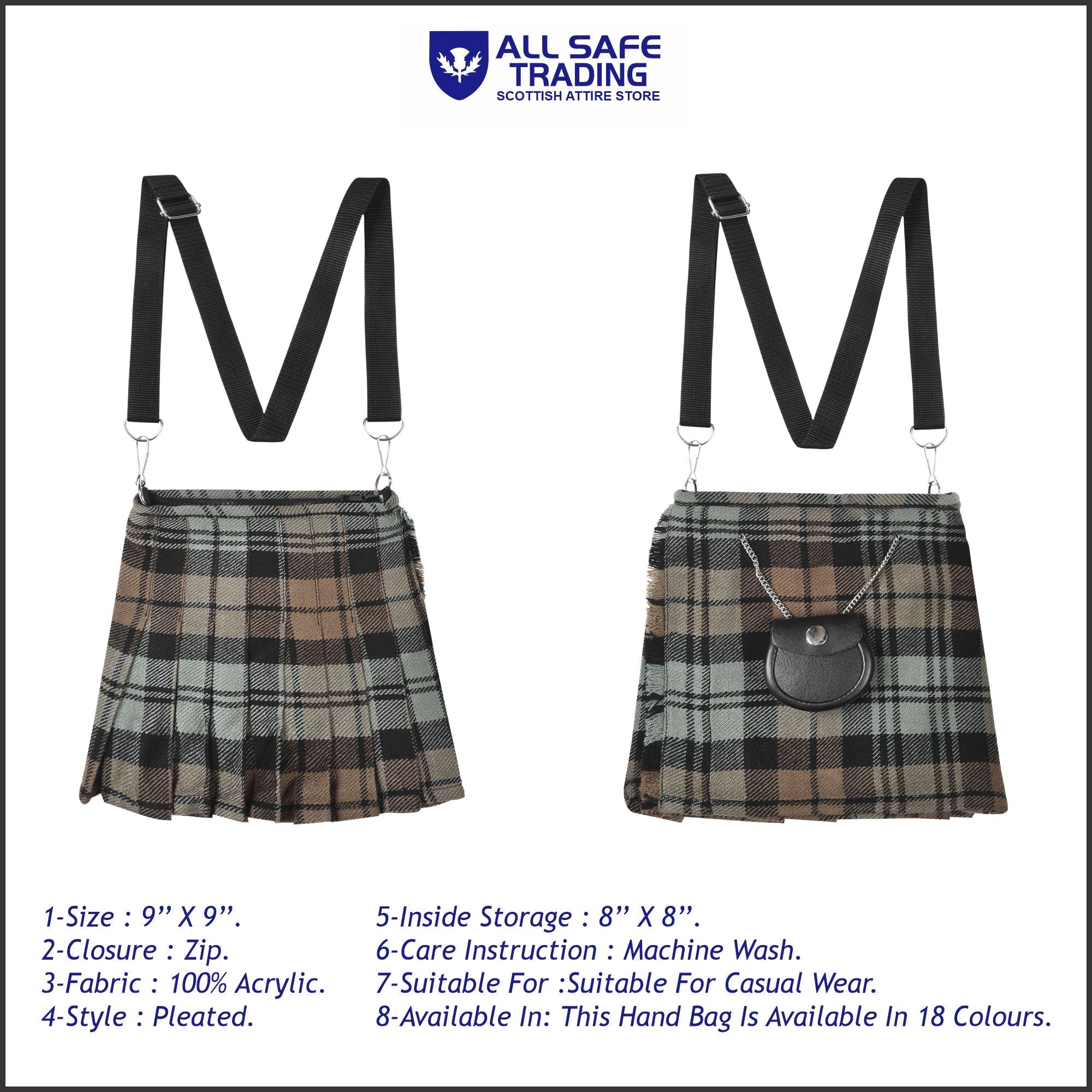 Traditional Scottish Women Tartan Bag Pleated Crossbody Purse - Adjustable Straps, Zip Closure Black Watch Weathered Tartan