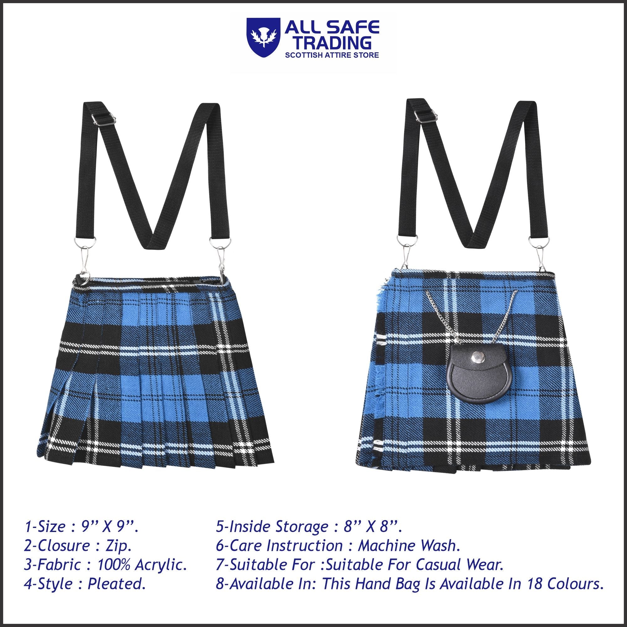 Traditional Scottish Women Tartan Bag Pleated Crossbody Purse - Adjustable Straps, Zip Closure Blue Ramsay Tartan