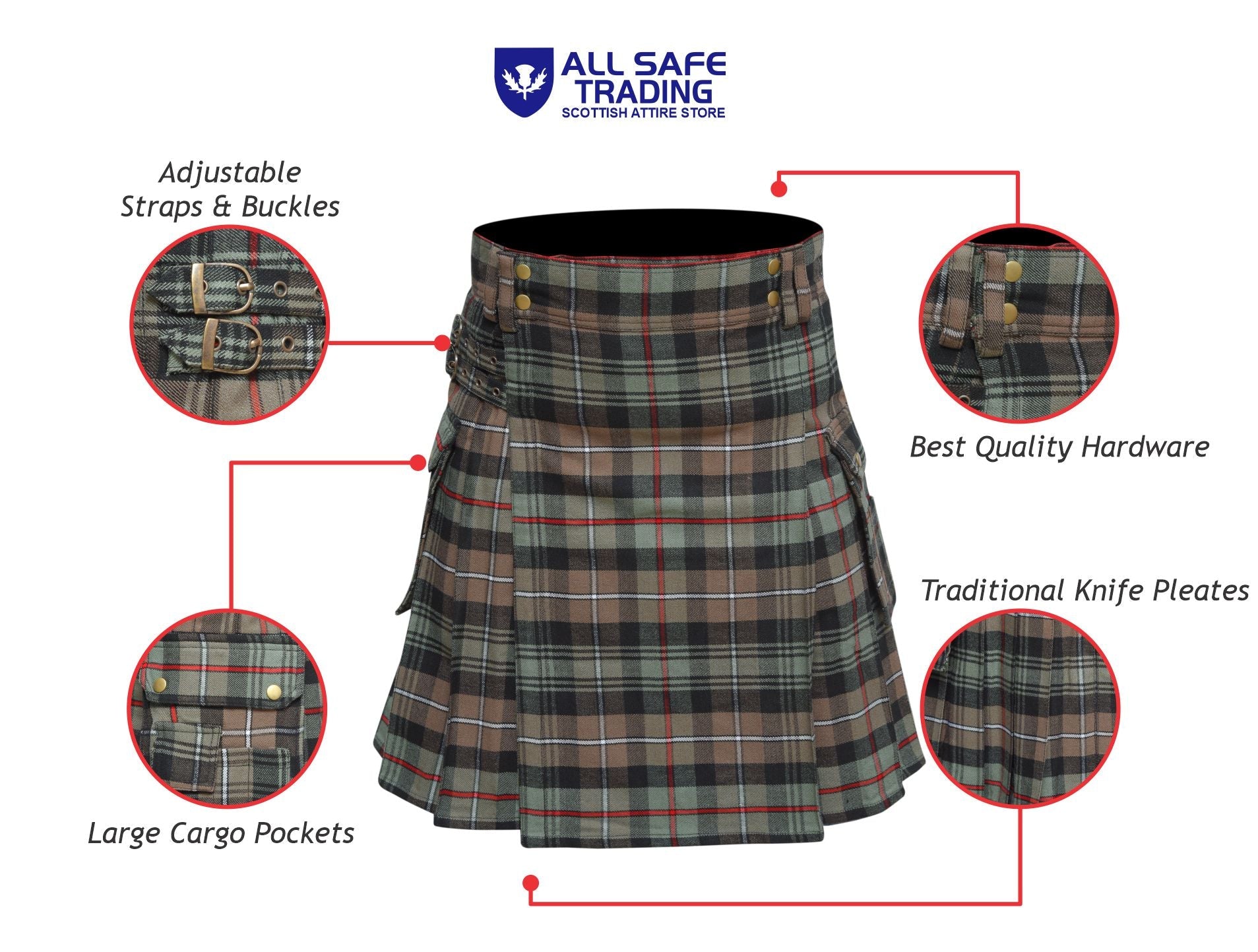 Scottish Men's Modern Mackenzie Weathered 16oz Tartan Pockets Utility Kilt, Cargo Kilt