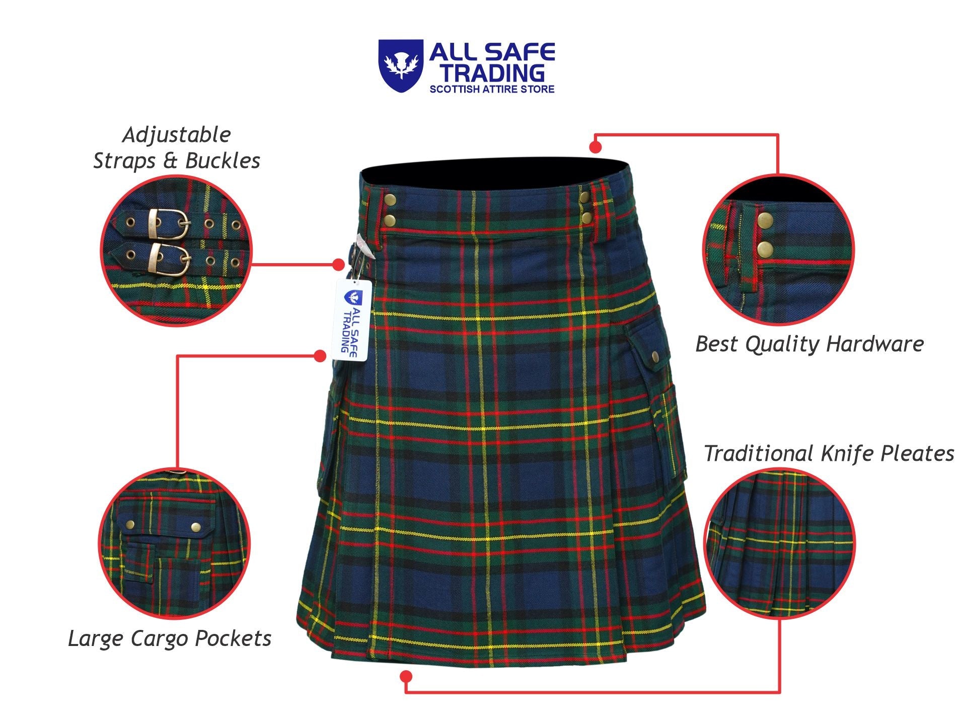 Scottish Men's Modern Maclaren 16oz Tartan Pockets Utility Kilt, Cargo Kilt