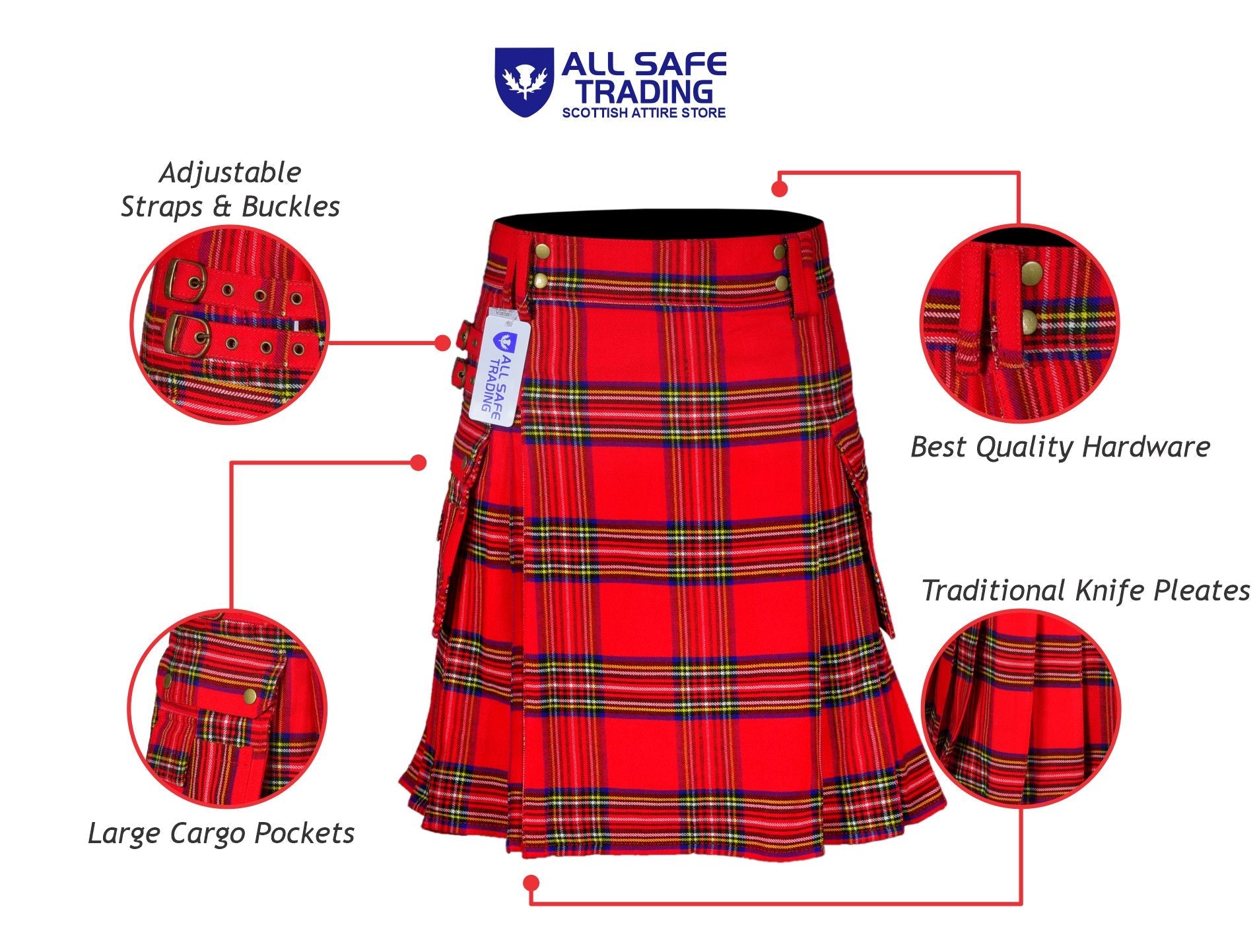 Scottish Men's Modern Royal Stewart 16oz Tartan Pockets Utility Kilt, Cargo Kilt