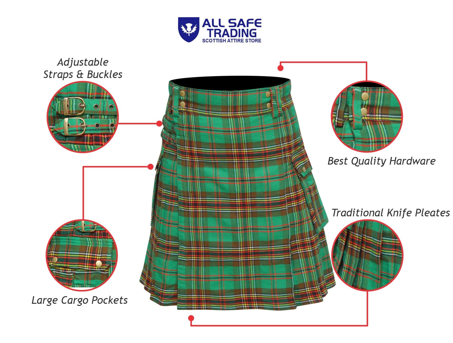 Scottish Men's Modern Tara Murphy 16oz Tartan Pockets Utility Kilt, Cargo Kilt