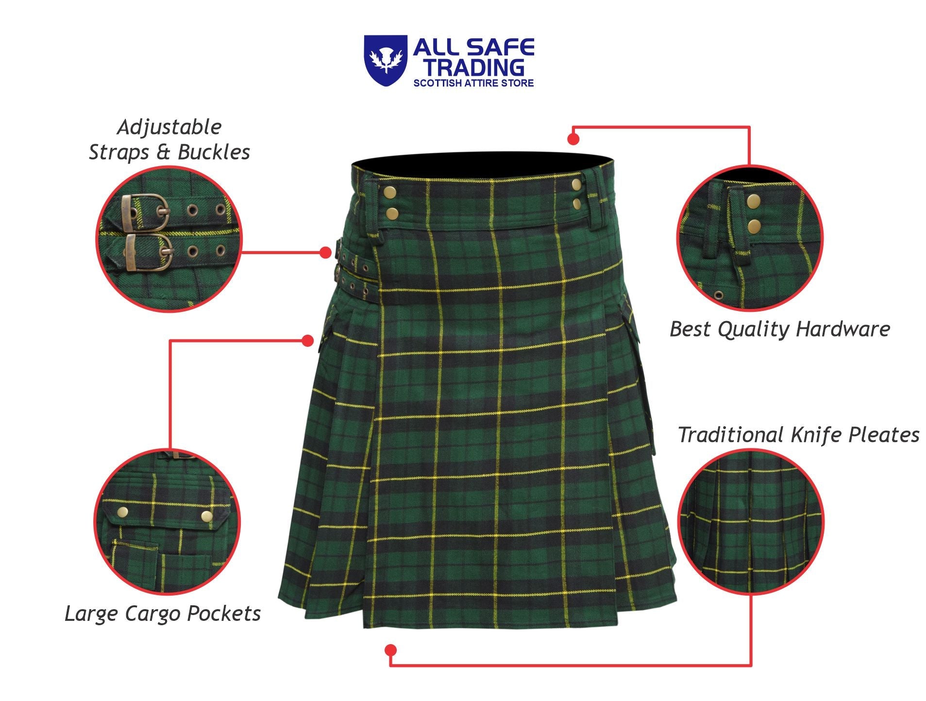 Scottish Men's Modern Wallace Hunting 16oz Tartan Pockets Utility Kilt, Cargo Kilt
