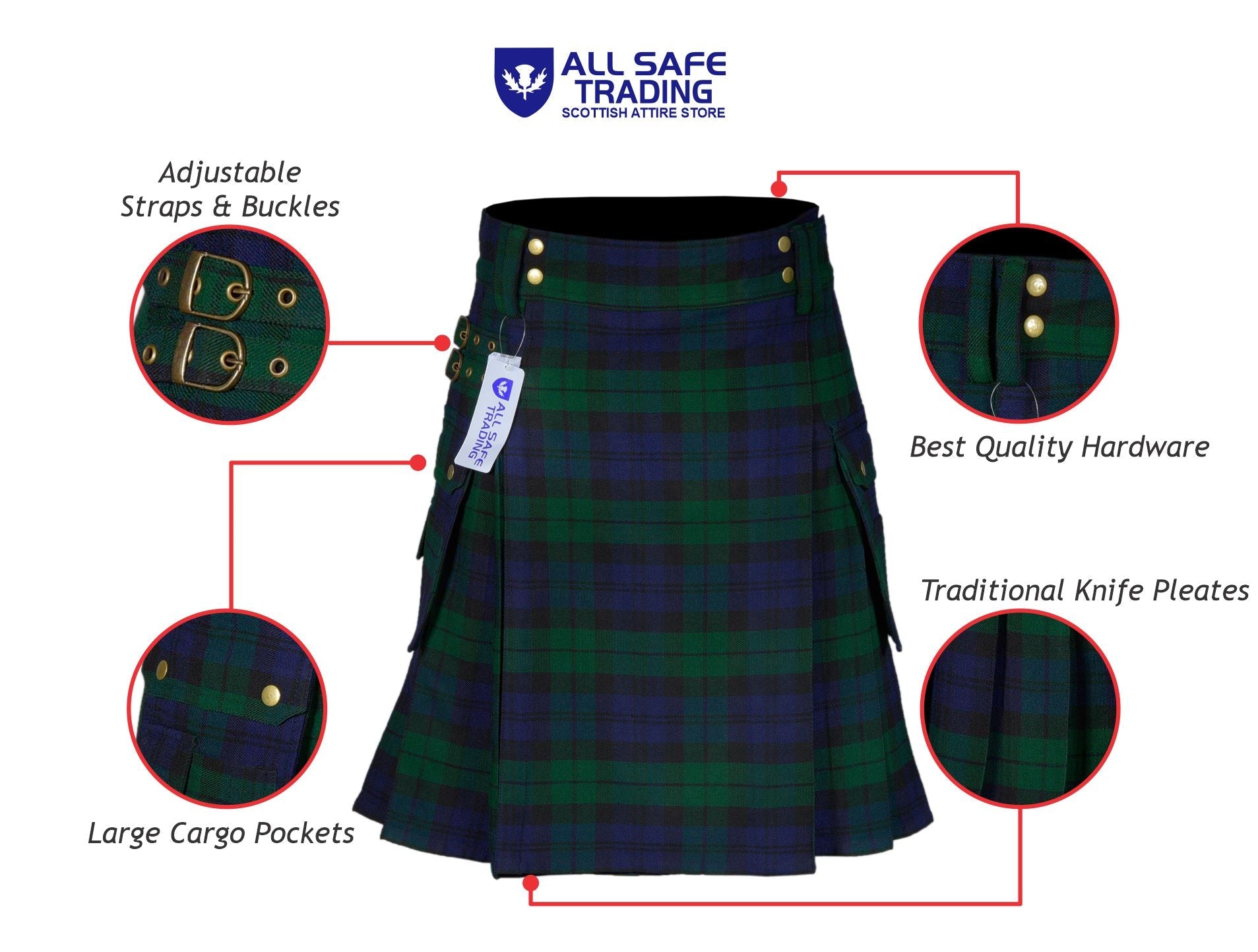 Scottish Men's Modern Black Watch 16oz Tartan Pockets Utility Kilt, Cargo Kilt