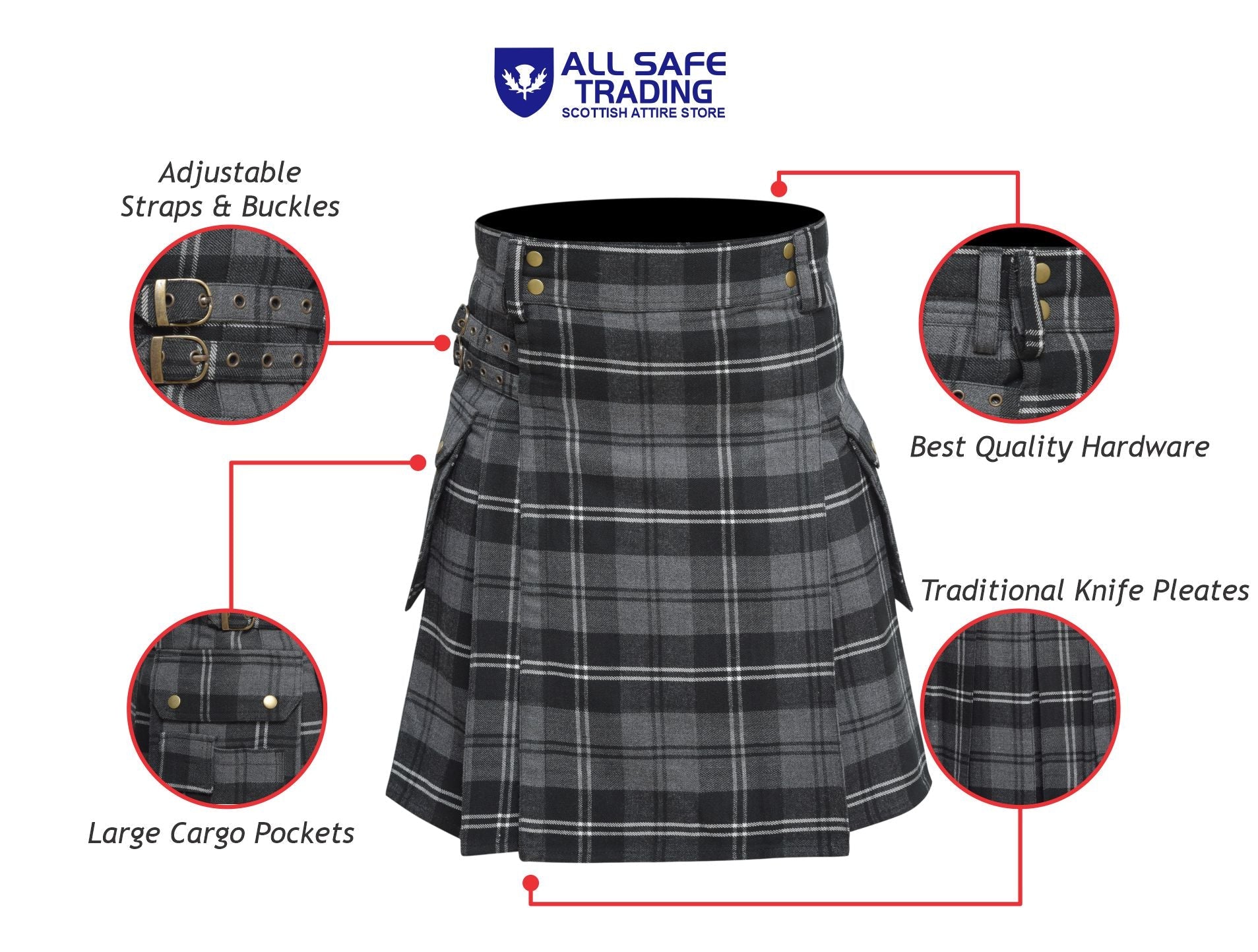 Scottish Men's Modern Granite 16oz Tartan Pockets Utility Kilt, Cargo Kilt