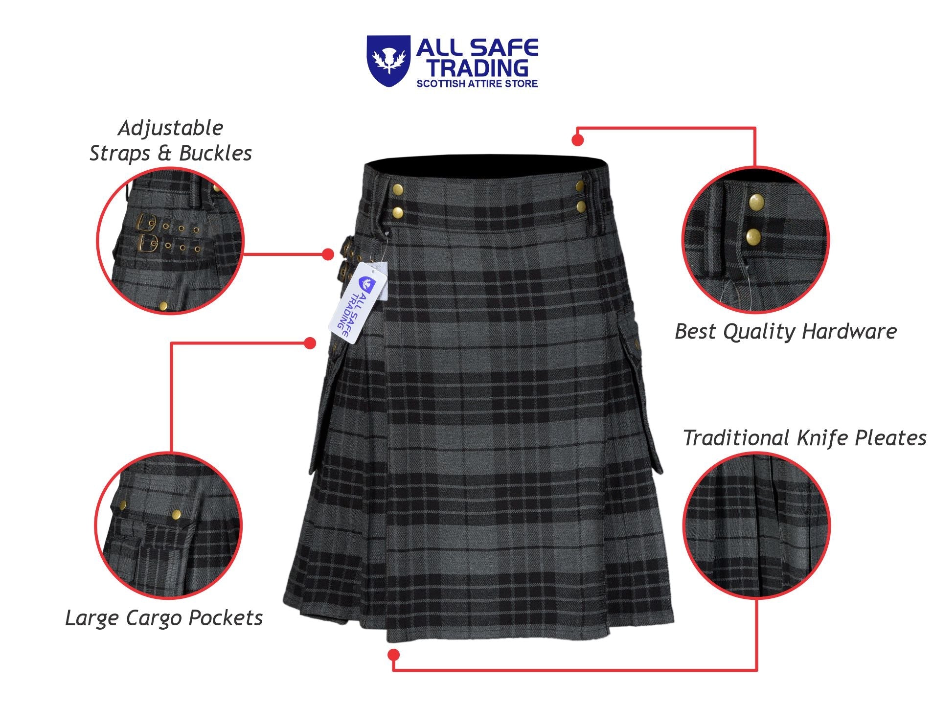 Scottish Men's Modern Grey Watch 16oz Tartan Pockets Utility Kilt, Cargo Kilt
