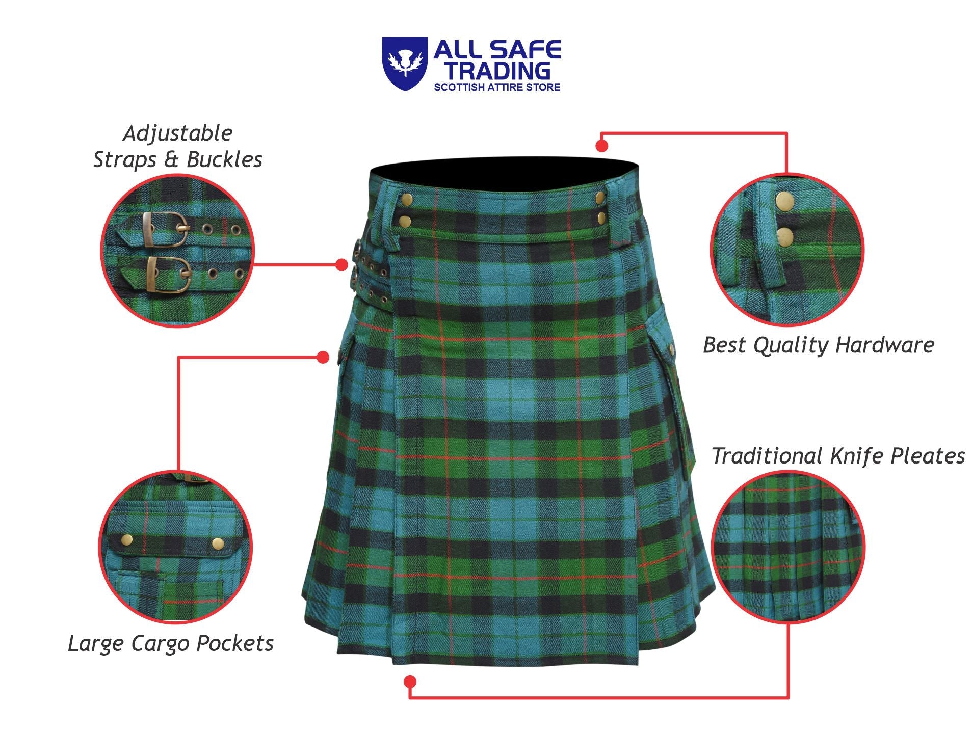 Scottish Men's Modern Gunn Ancient 16oz Tartan Pockets Utility Kilt, Cargo Kilt