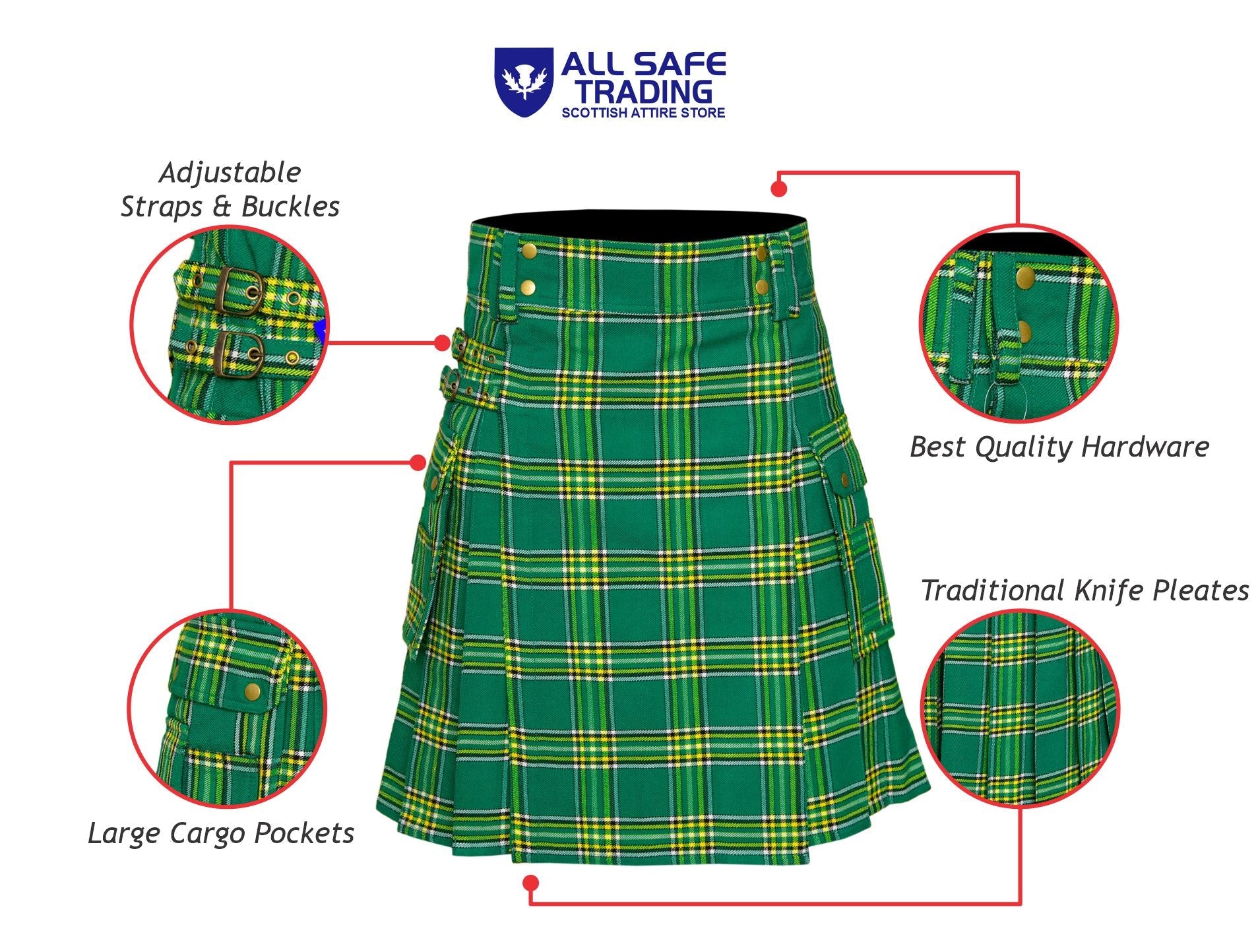 Scottish Men's Modern Irish Heritage 16oz Tartan Pockets Utility Kilt, Cargo Kilt