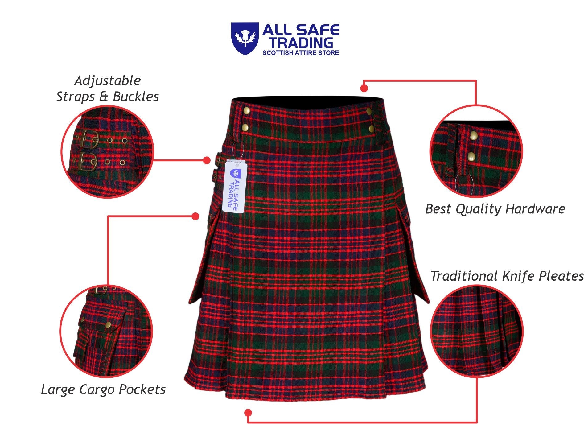Scottish Men's Modern Macdonald 16oz Tartan Pockets Utility Kilt, Cargo Kilt