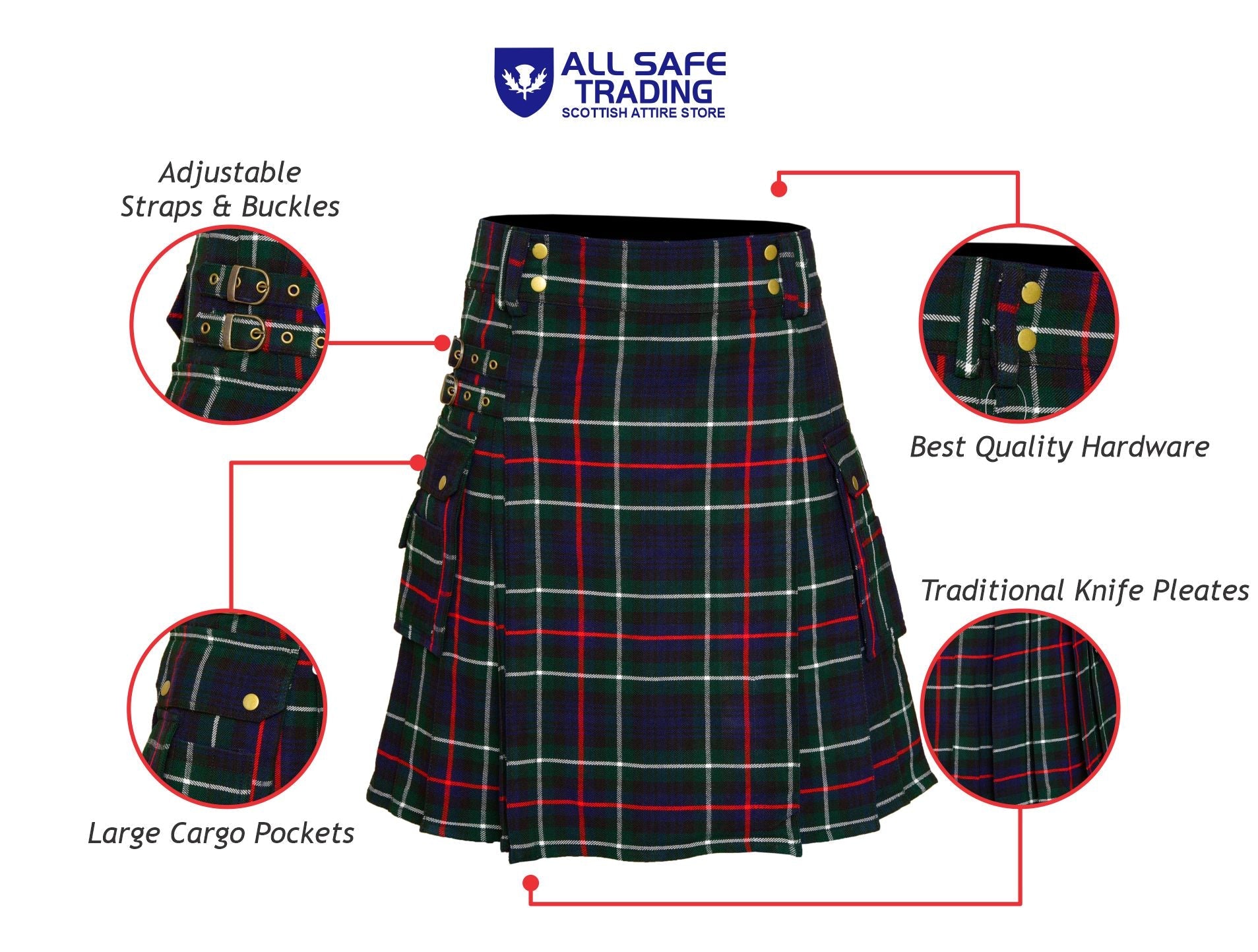 Scottish Men's Modern Mackenzie 16oz Tartan Pockets Utility Kilt, Cargo Kilt